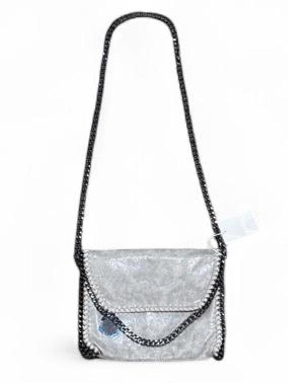 Vegan leather bag with removable gunmetal chains and shimmer finish.